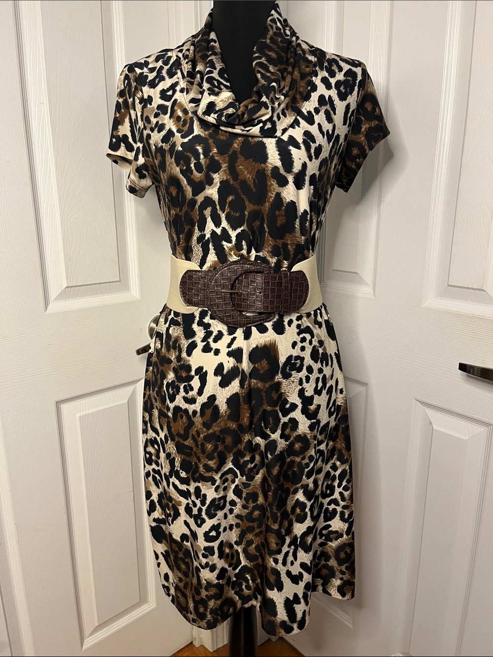 Leopard Print Cowl Neck Dress with Wide Belt